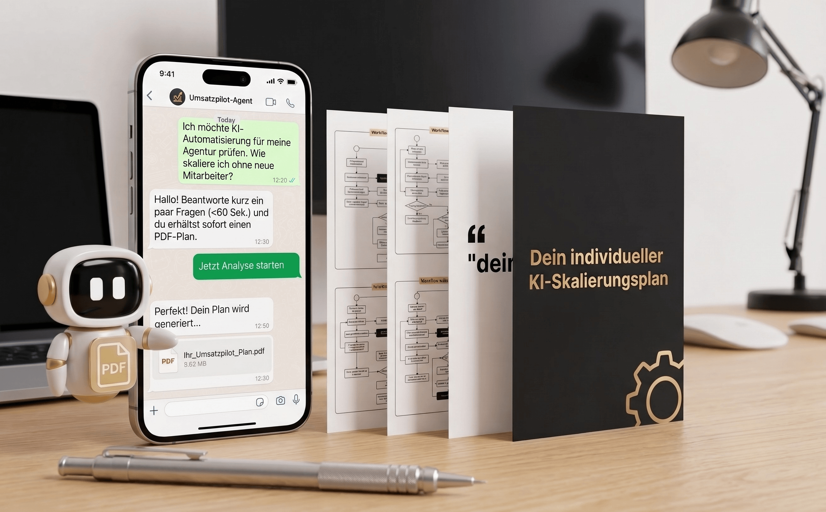 WhatsApp-Chat mit dem KI-Berater und der fertige KI-Skalierungsplan als PDF